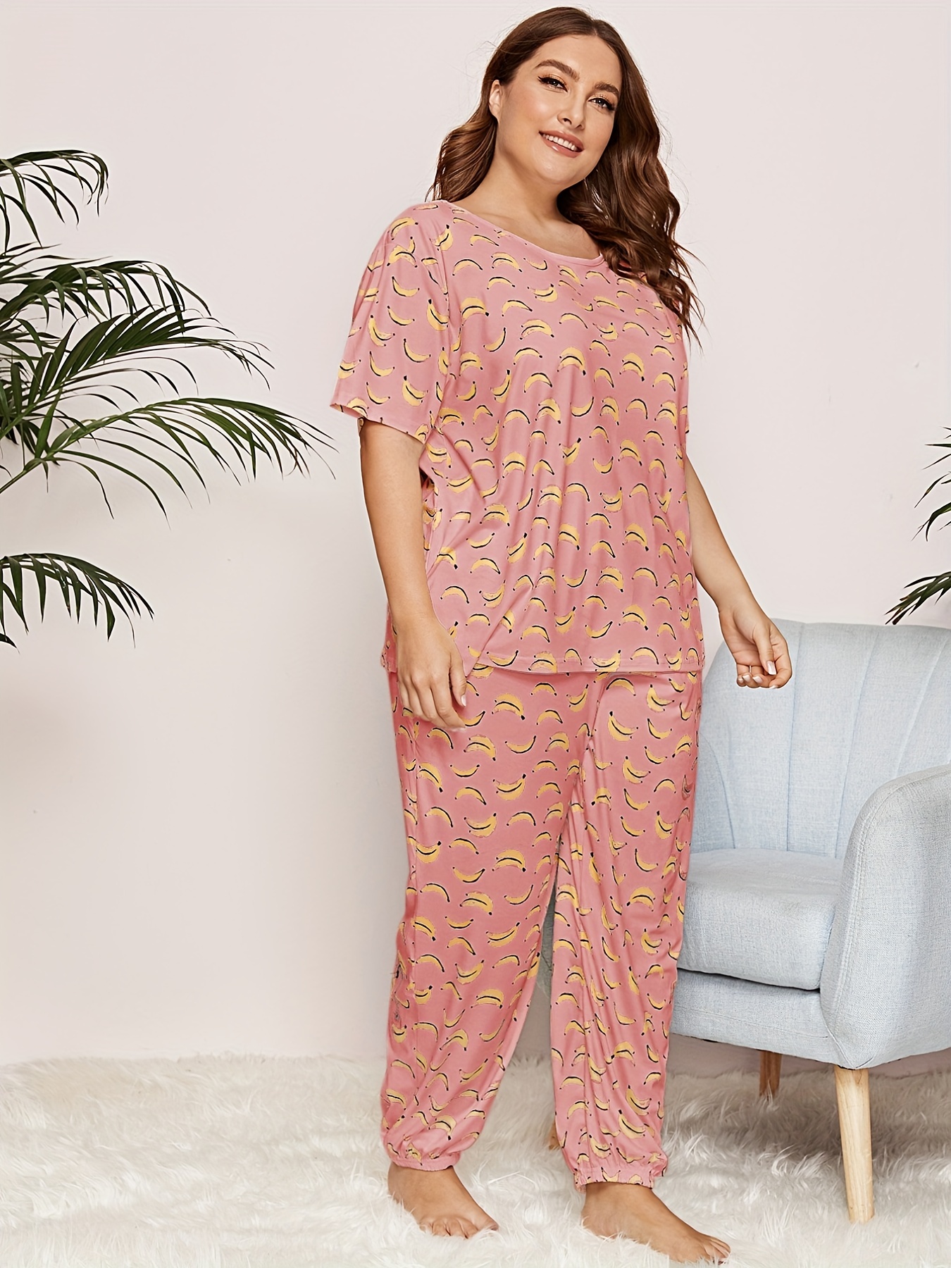 Plus Size Casual Pajama Set Women's Plus Banana Print Short - Temu