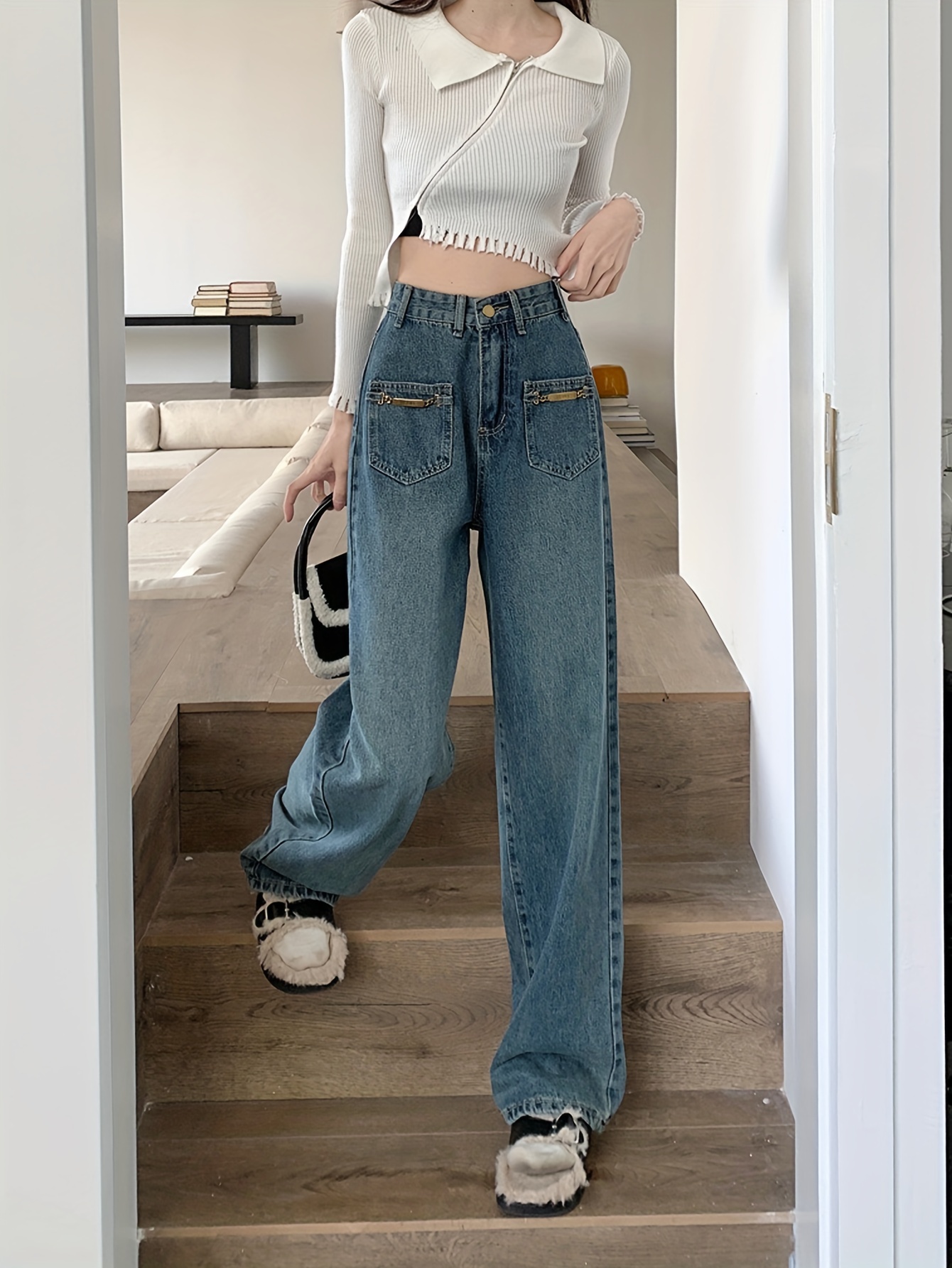 Blue High Waist Cropped Denim Jeans, Loose Fit Straight Legs Washed Baggy  Jeans, Women's Denim Jeans & Clothing