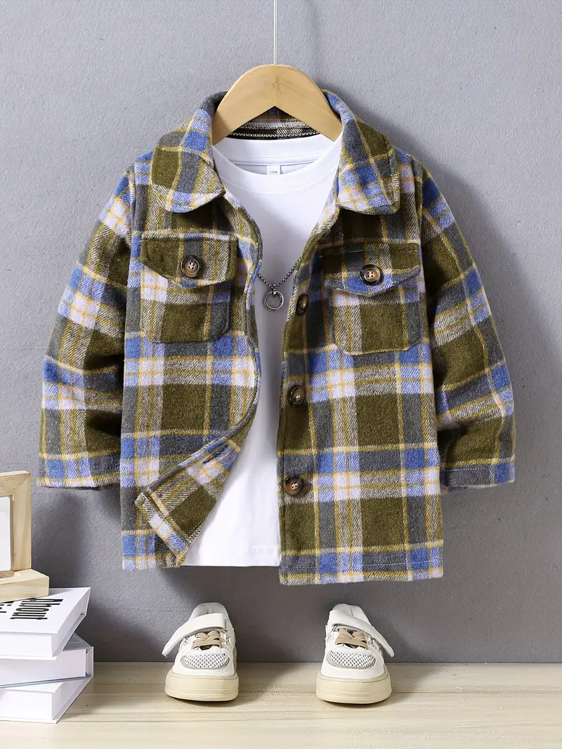 Kid's Green Blue Plaid Pattern Jacket Button Front Outdoor - Temu