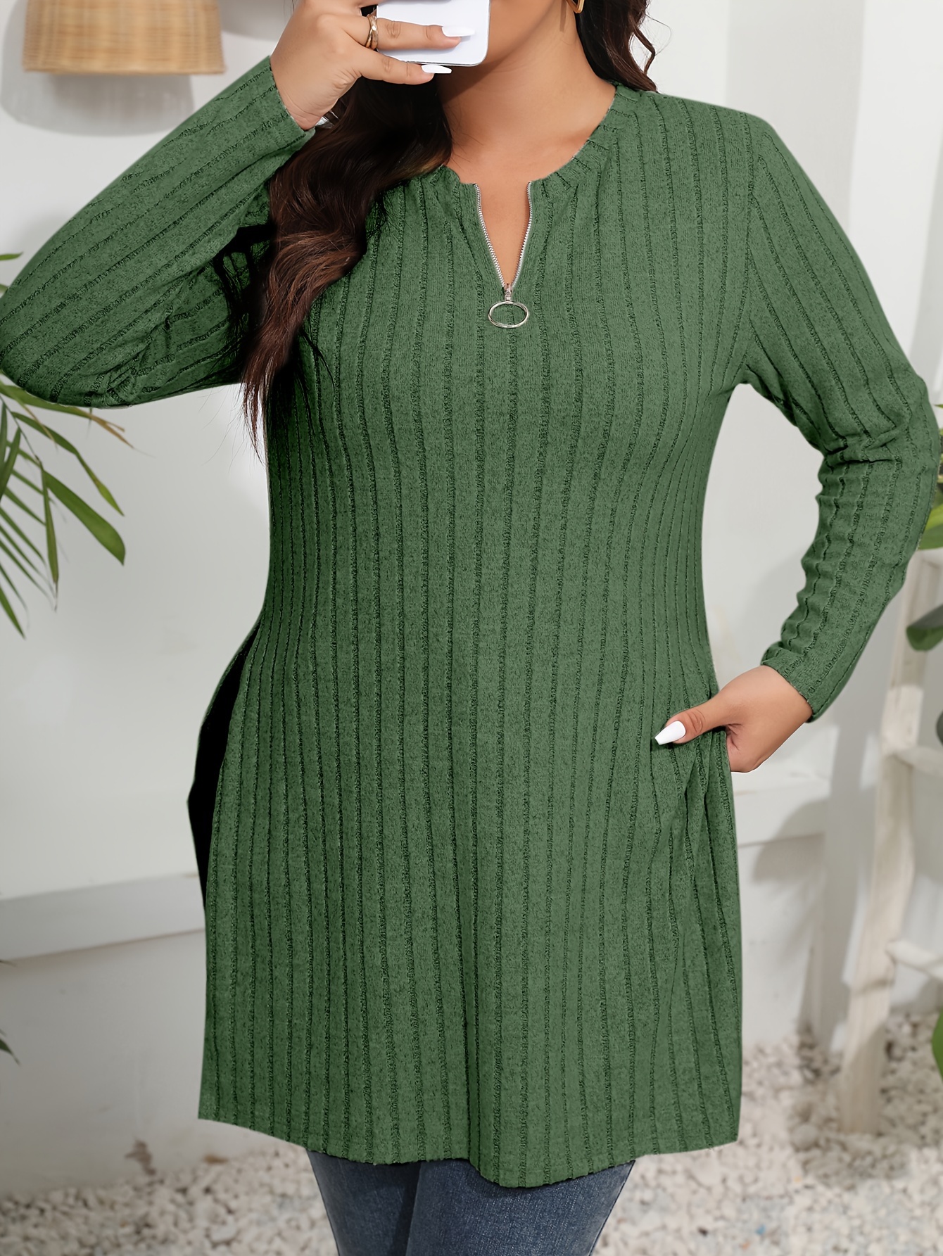 Plus Size Basic Top Women's Plus Solid Ribbed Long Sleeve - Temu Canada