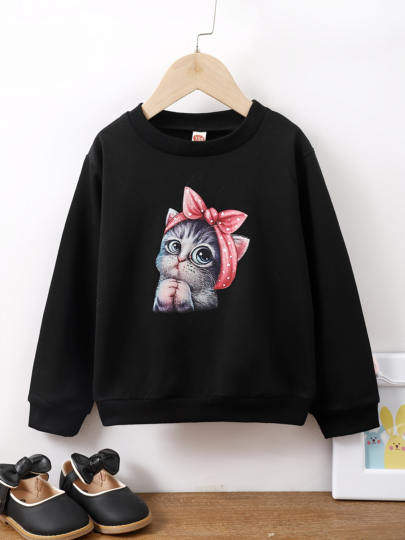 Girls Kitty Print Pullover Long Sleeve Crew Neck Sweatshirt Top Kids ...