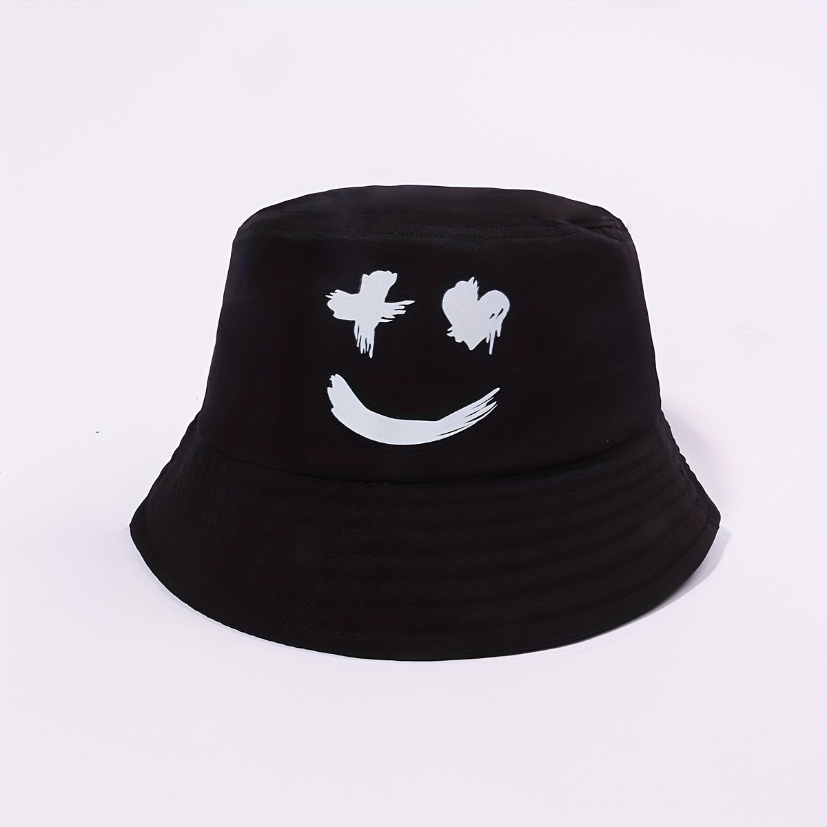 

+v Smiling Face Fisherman Hat Print Black Casual Bucket Hat Unisex Sunshade Basin Hat For Women Men