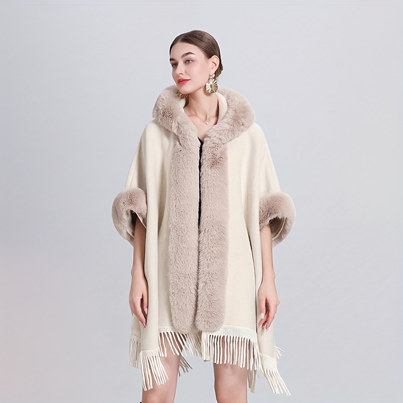 Faux Fur Collar Cuff Hooded Shawl Elegant Style Solid Color - Temu