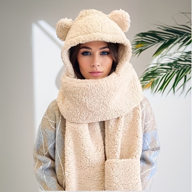 Korean Cute Bear hat scarf thick plush Solid Color Hooded Warm Scarf
