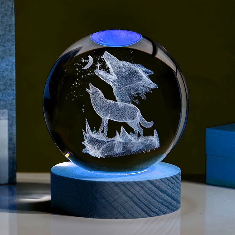 

1pc 3d Laser Engraved Crystal Ball Wolf Howling Ornament With Wooden Color Led Lamp Holder, Bedroom Living Room Home Decoration Ornament, For Animal Lovers Glass Ball Night Light