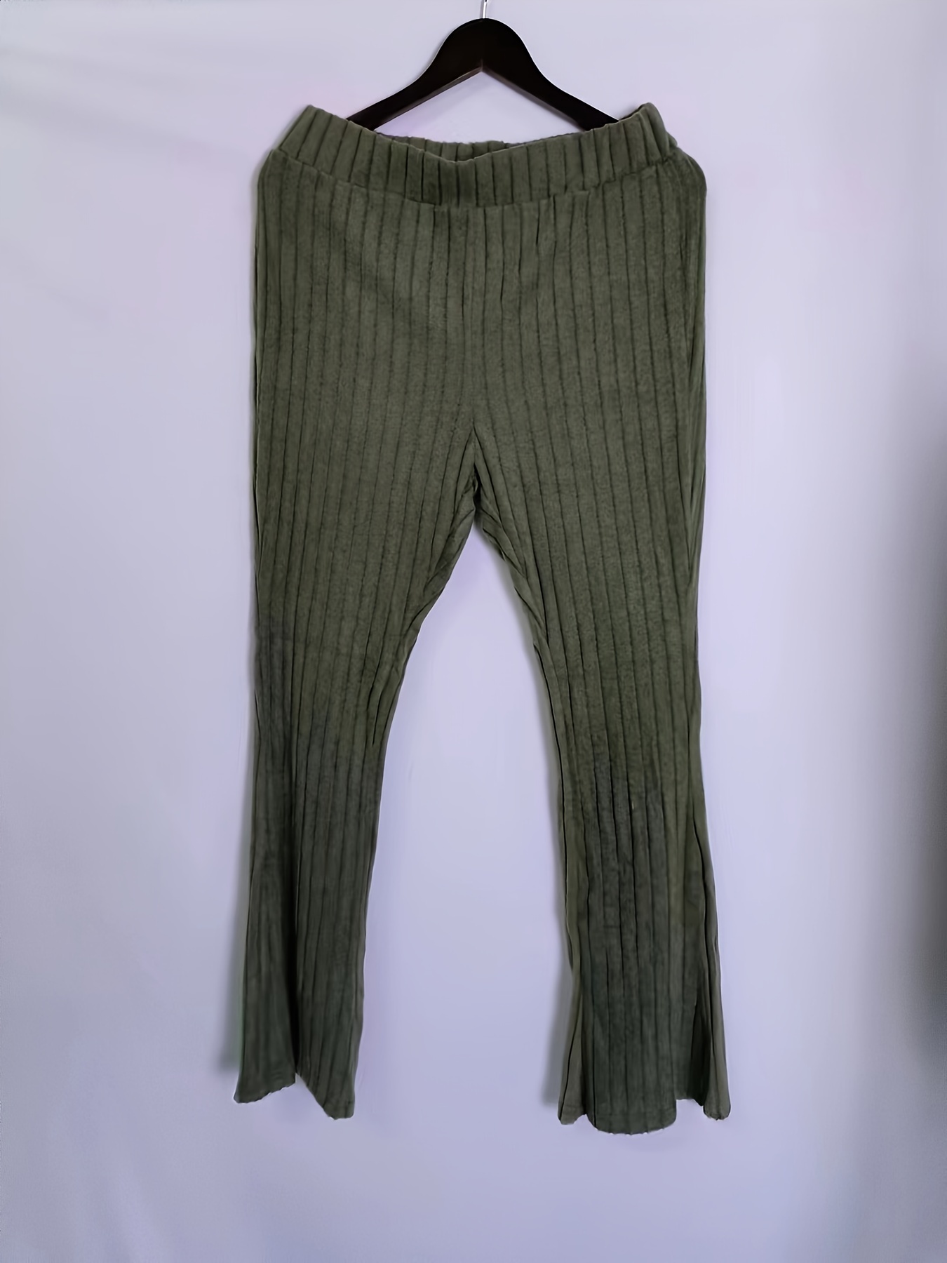 Plus Size Casual Pants Women's Plus Solid Ribbed Elastic - Temu New Zealand