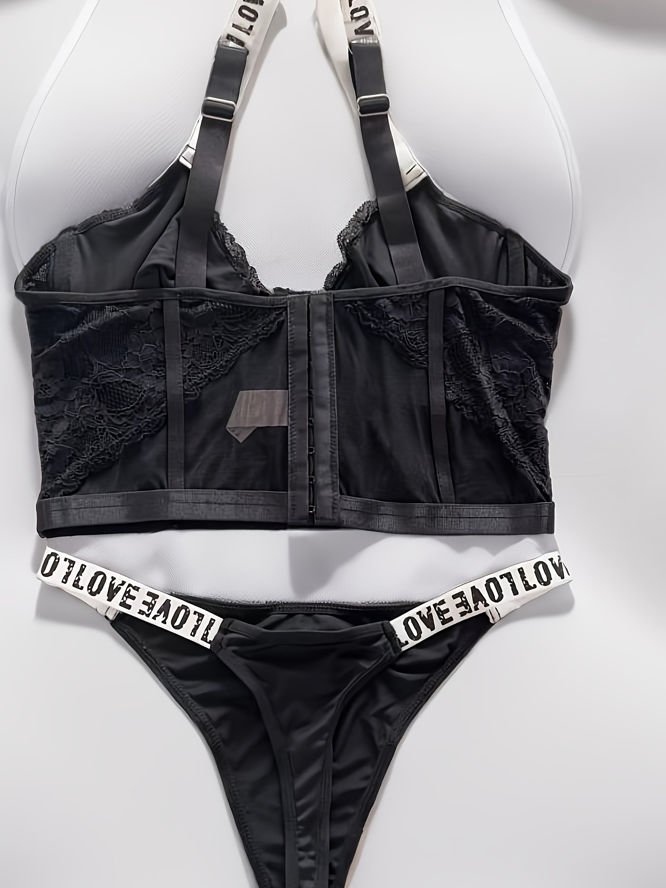 Contrast Lace Lingerie Set, Letter Straps Push Up Bra & Thong Panties,  Women's Sexy Lingerie & Underwear