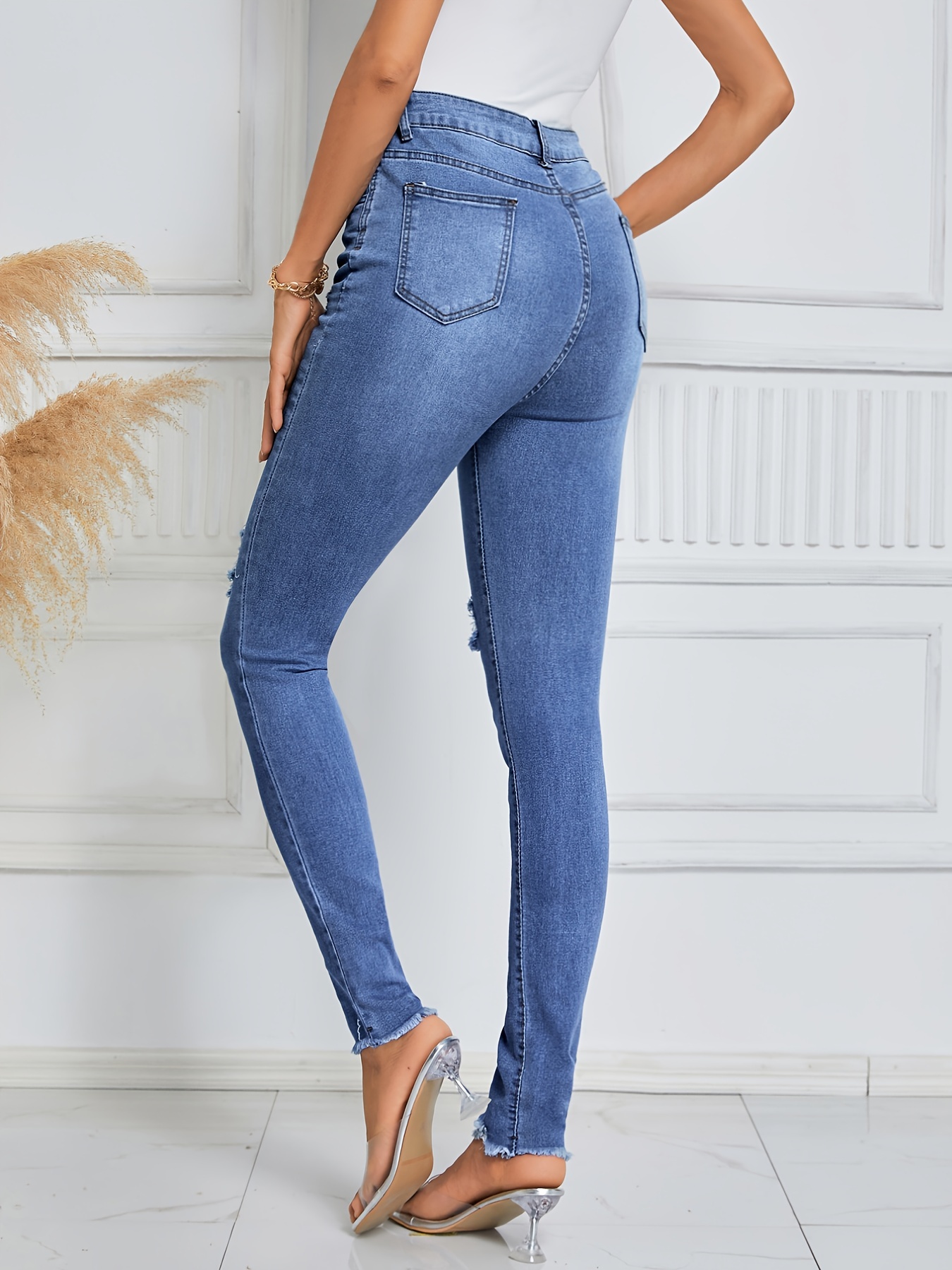 Blue Single-Breasted Button Straight Jeans, Ripped Holes * Hem Slant  Pockets Denim Pants, Women's Denim Jeans & Clothing