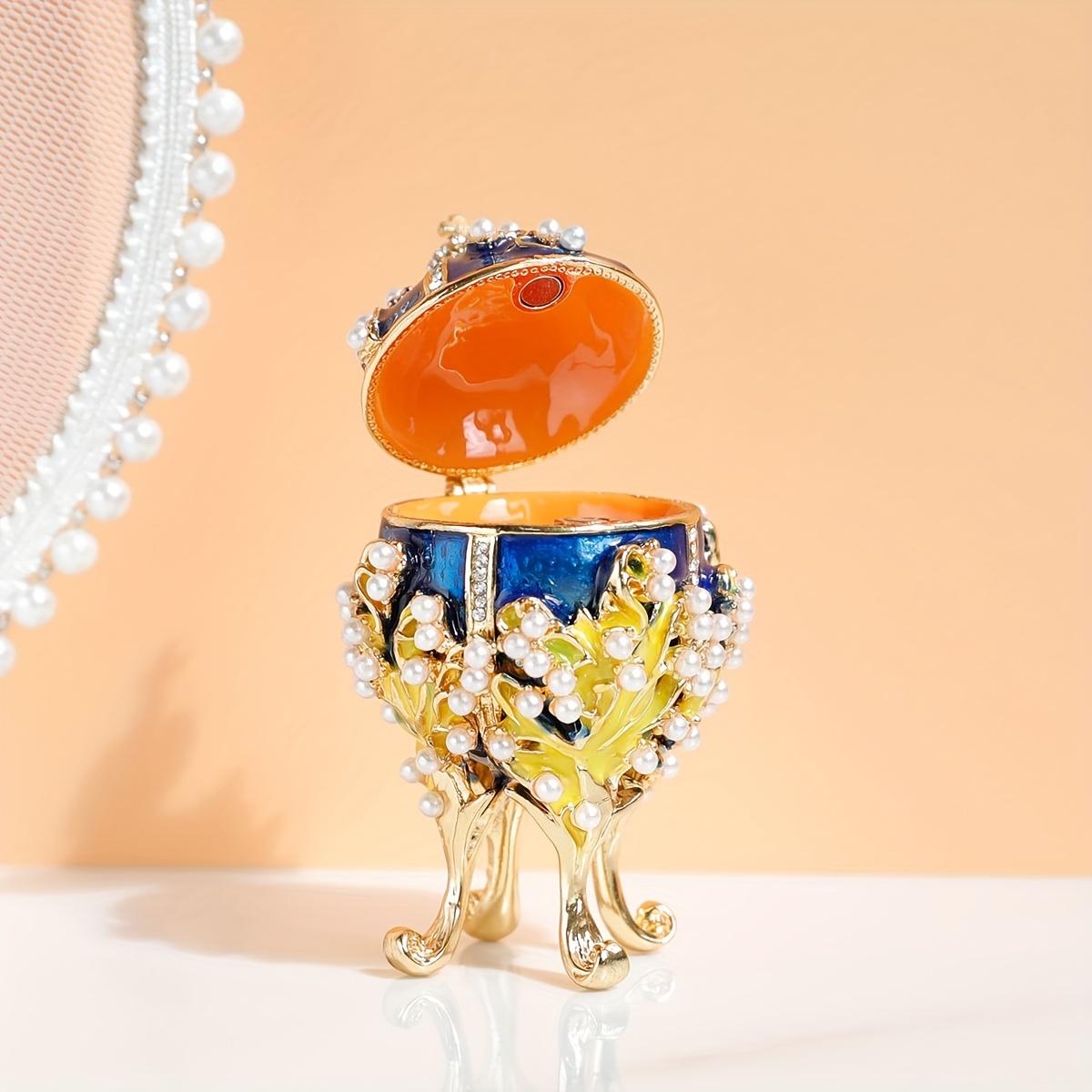 Hand Painted Enameled Egg Shape Box, Unique Trinket Box