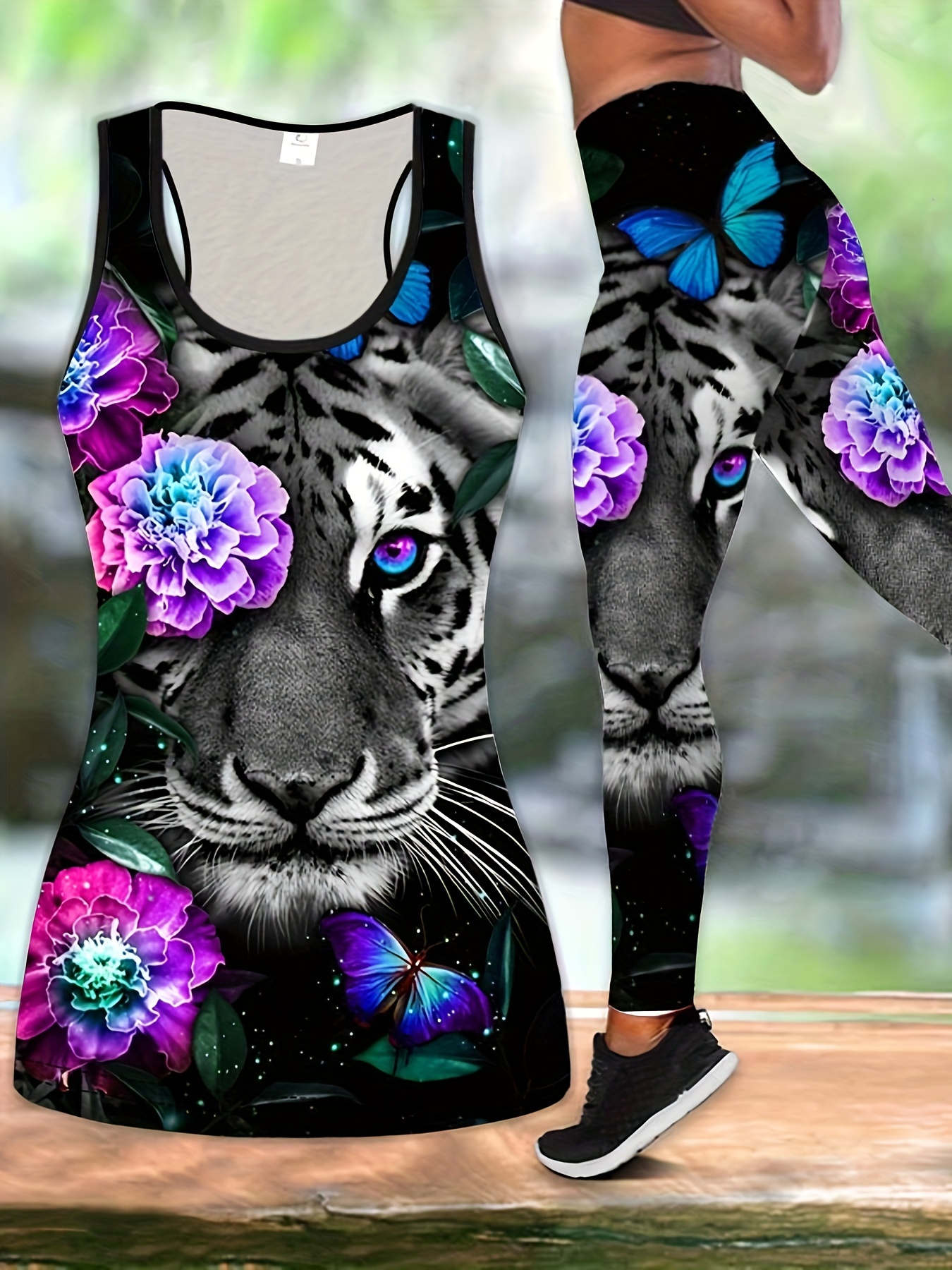 Wolf Print Matching Two piece Set Tank Top Leggings Outfits - Temu