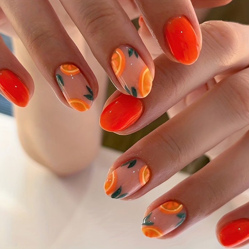 

Orange Red Sweet Hot Sweet Sister False Nails In Style Short Oval Wearable Nails