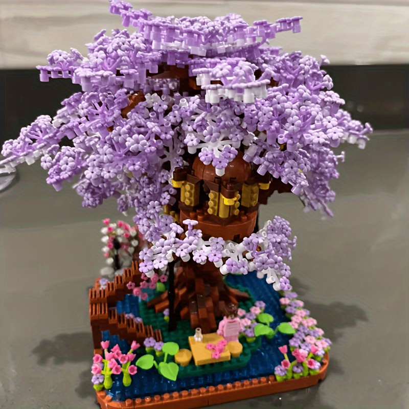 Roxo Sakura Casa da árvore Building Block Cerejeira Blossom Modelo Blocos  de construção Diy brinquedos para crianças brinquedo para presente