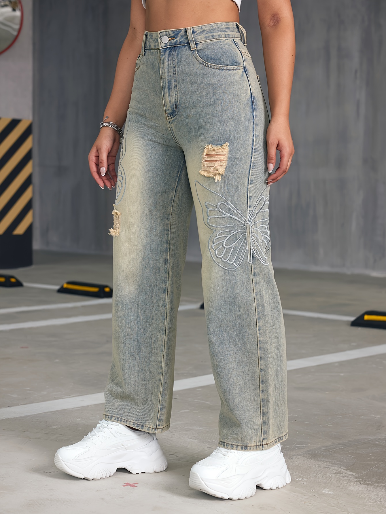 Decorative ripped wideleg jeans - Women