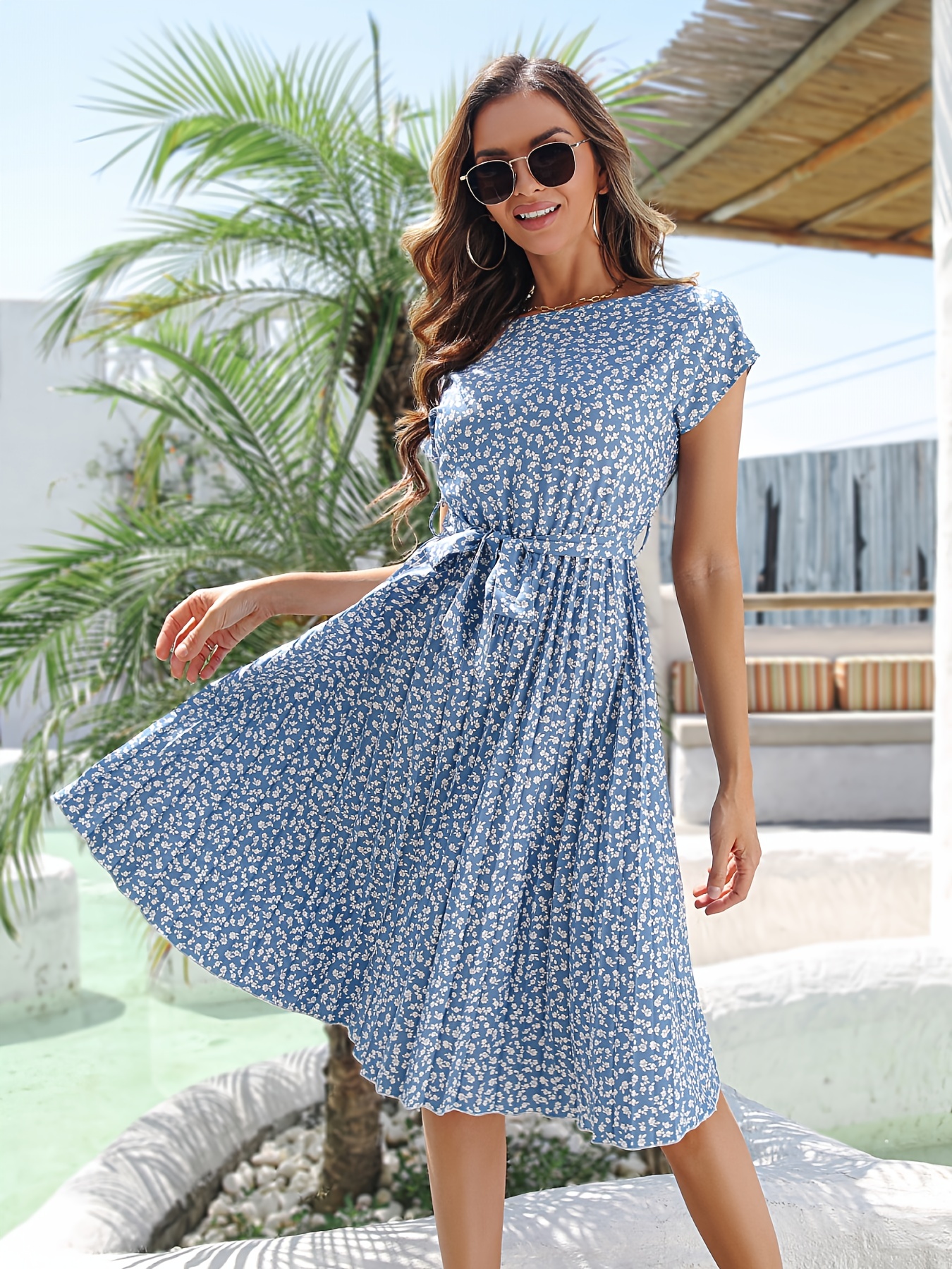 Ditsy Floral Print Belted Dress Short Sleeve Casual Every - Temu