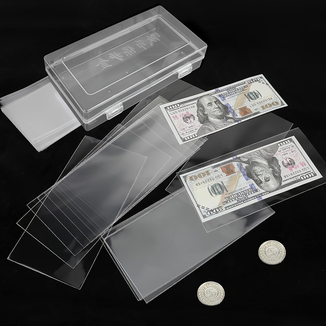 100 fundas para monedas, soporte transparente para dólares con caja de  almacenamiento, protector de billetes para billetes de papel, billetes,  sellos