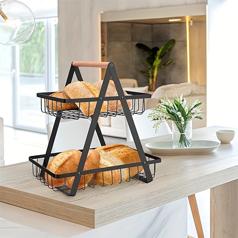 2 Tier Decorative Fruit Basket Holder Stand for Kitchen Counter, Metal Tabletop Display Bowl Organizer