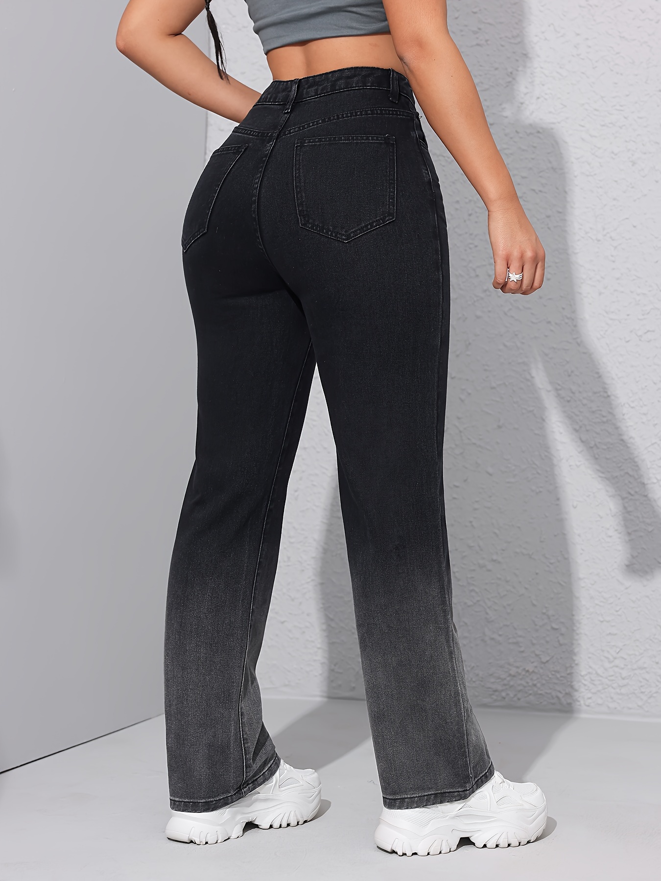 Ombre Black High Rise Jeans Slash Pocket Casual Unique Wide - Temu