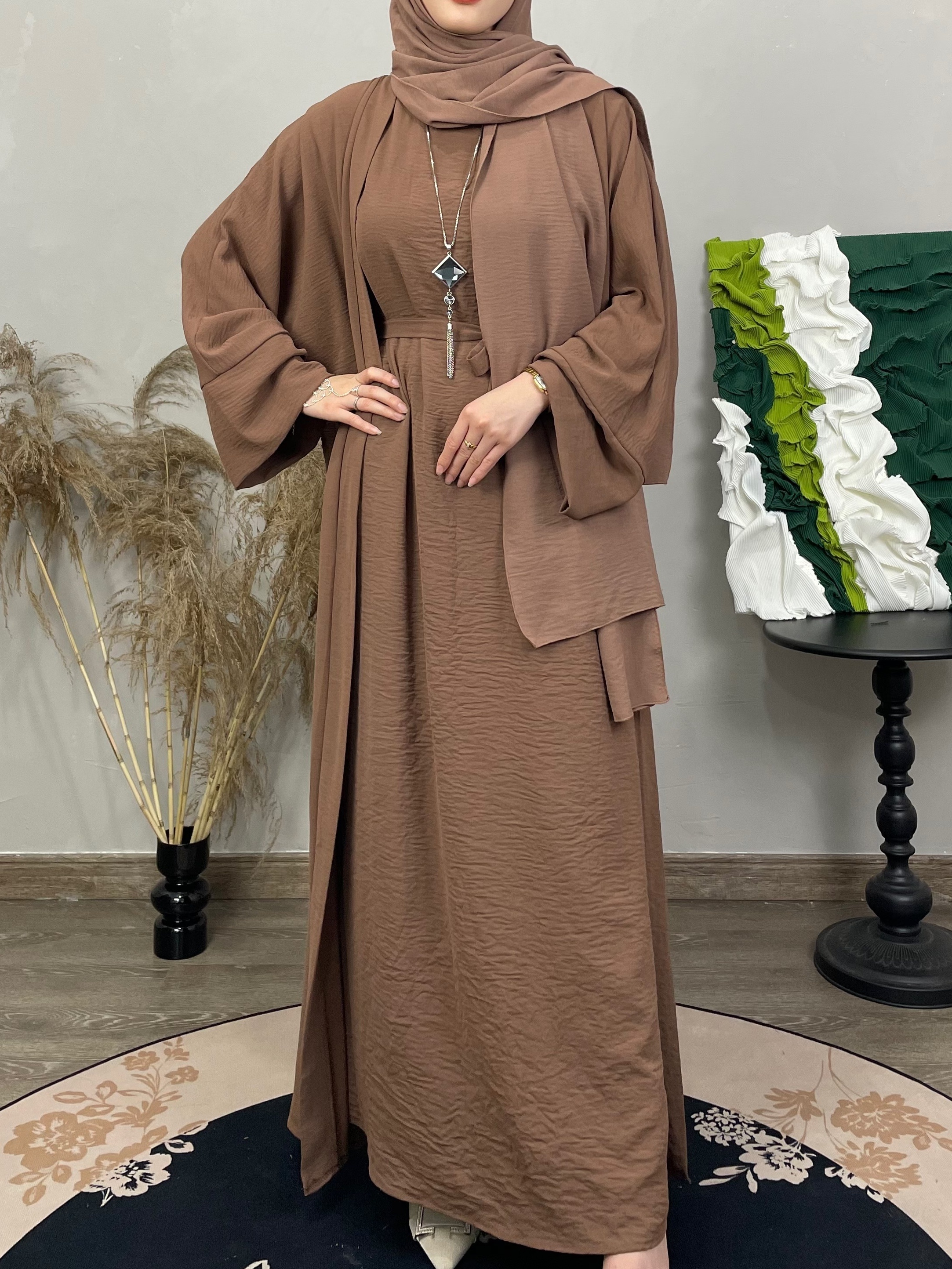 Ramadan Solid Kaftan Two piece Set Open Front Long Sleeve - Temu Canada