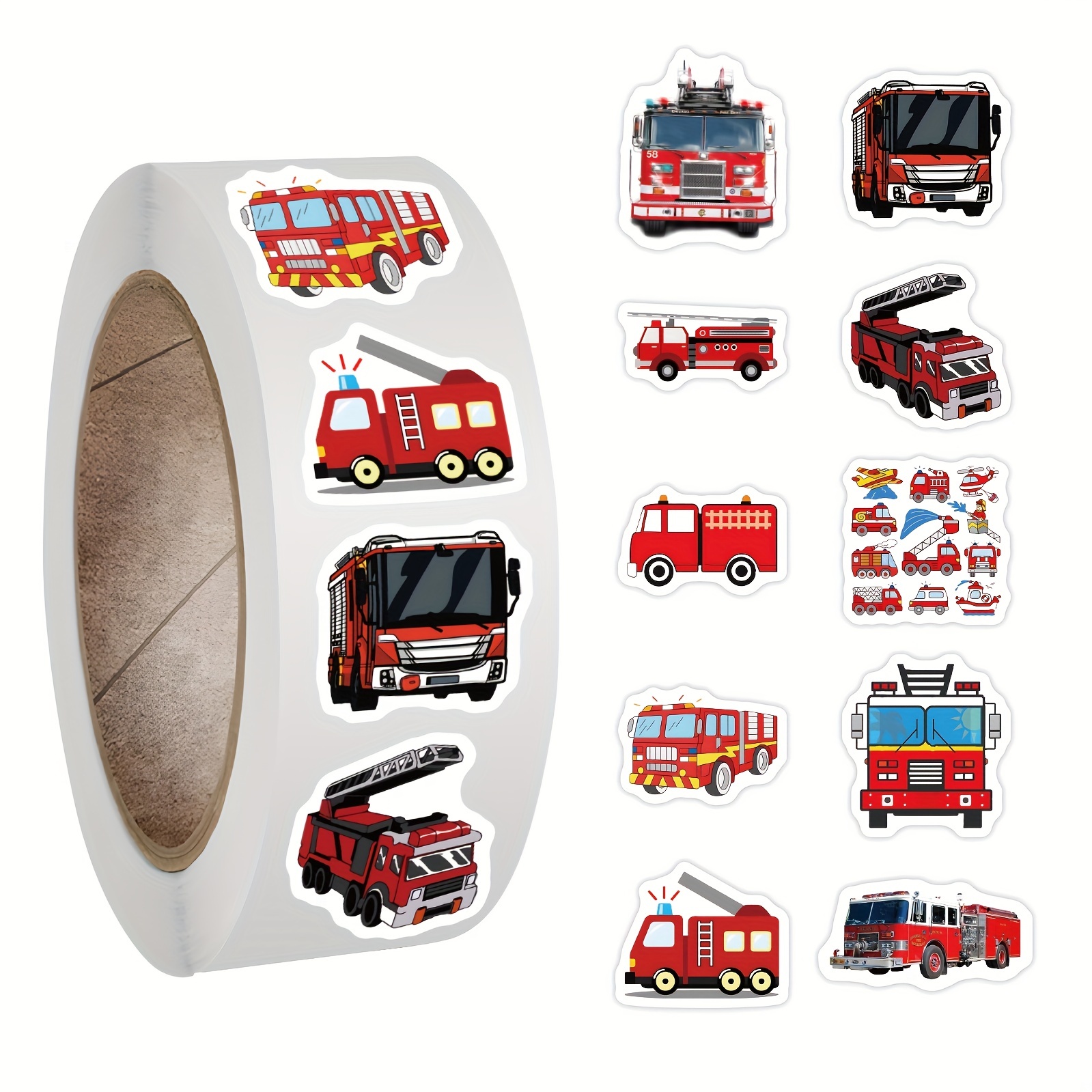 

500pcs Fire Truck Stickers Roll, Cute Cartoon Fire Fighting Engine Vehicles Vinyl Waterproof Stickers For Party Decor Water Bottle Laptop Refrigerator Skateboard Stickers Easter Gift
