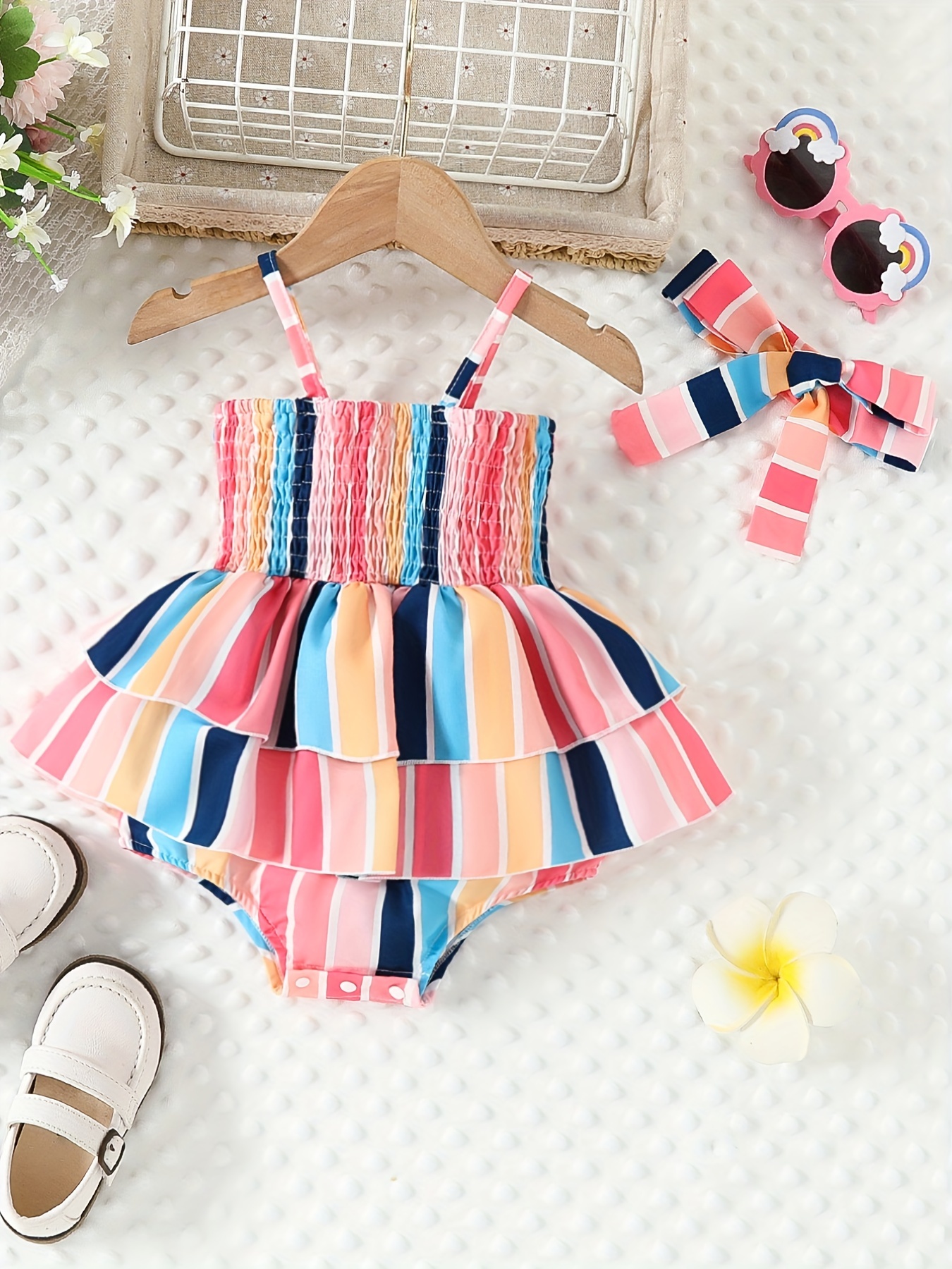 Baby Girls Casual Striped Bowknot Thin Strap Onesie Clothes - Temu