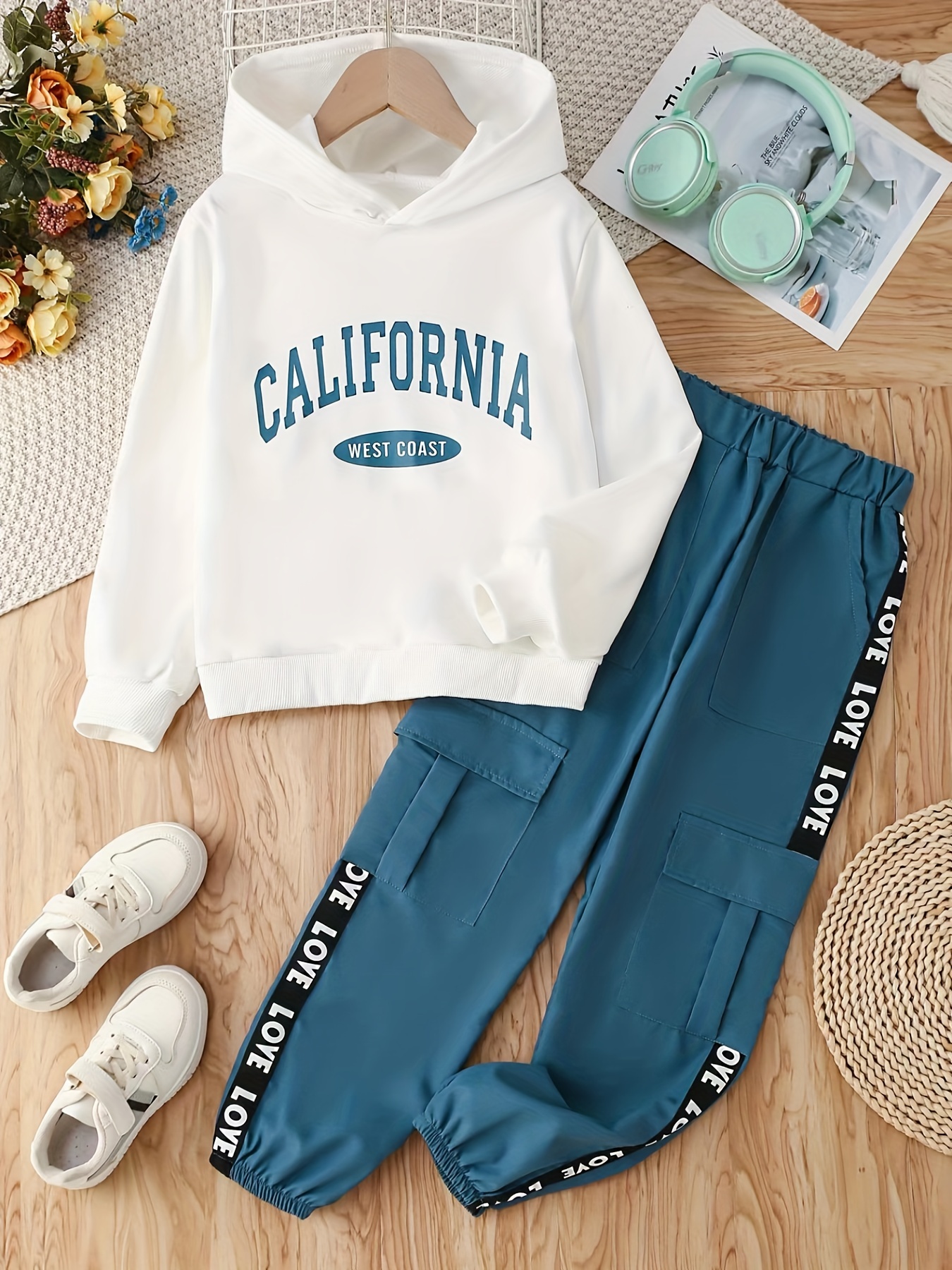 Girl's California Print Outfit Hoodie Trendy Cargo Pants Set - Temu Canada