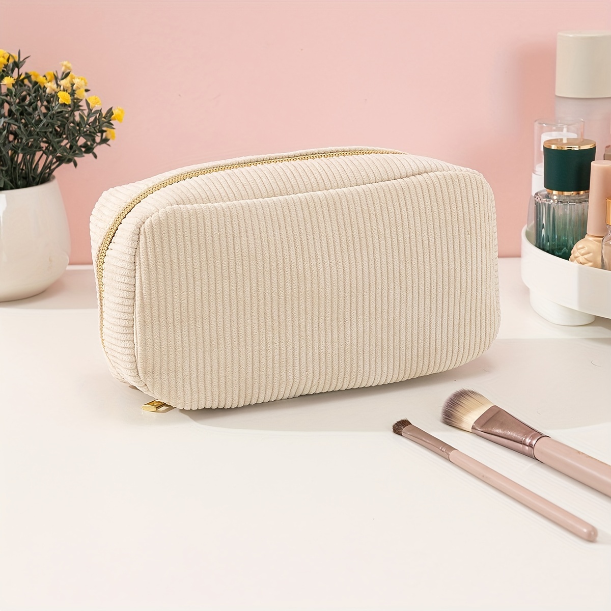 

Corduroy Beige Makeup Bag, Simple Zipper Cosmetic Bag For Women, Roomy Fashion Purse Makeup Pouch, Travel Portable Toiletry Bag Accessories Organizer Gifts
