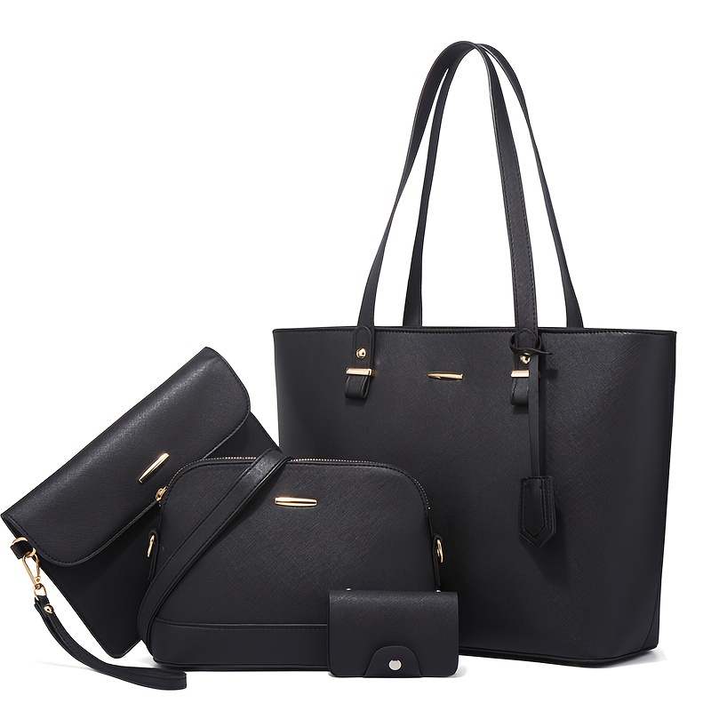 

4pcs Simple Solid Color Tote Bag Set, Women's Stylish Handbag With Crossbody Bag, Wristlet Clutch Bag, Card Holder
