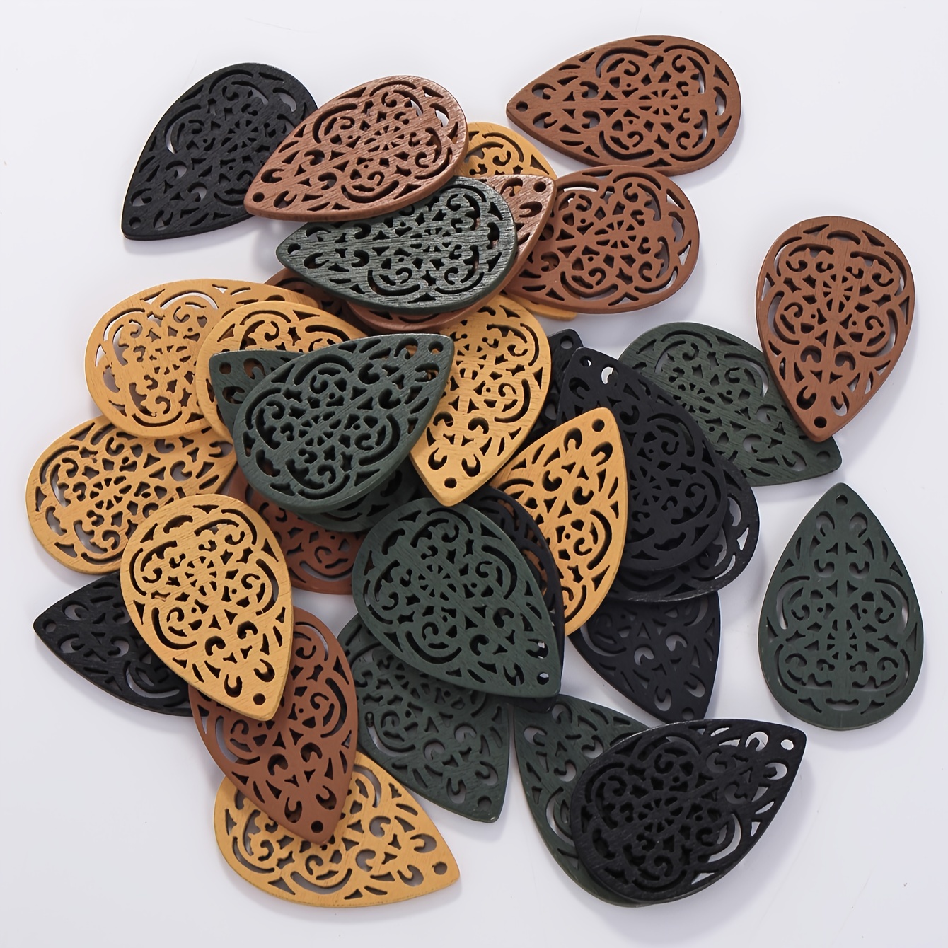 

32 Pcs Mixed Color Hollow-out Carved Wood Chips, Diy Accessories, For Earrings Necklace Decoration