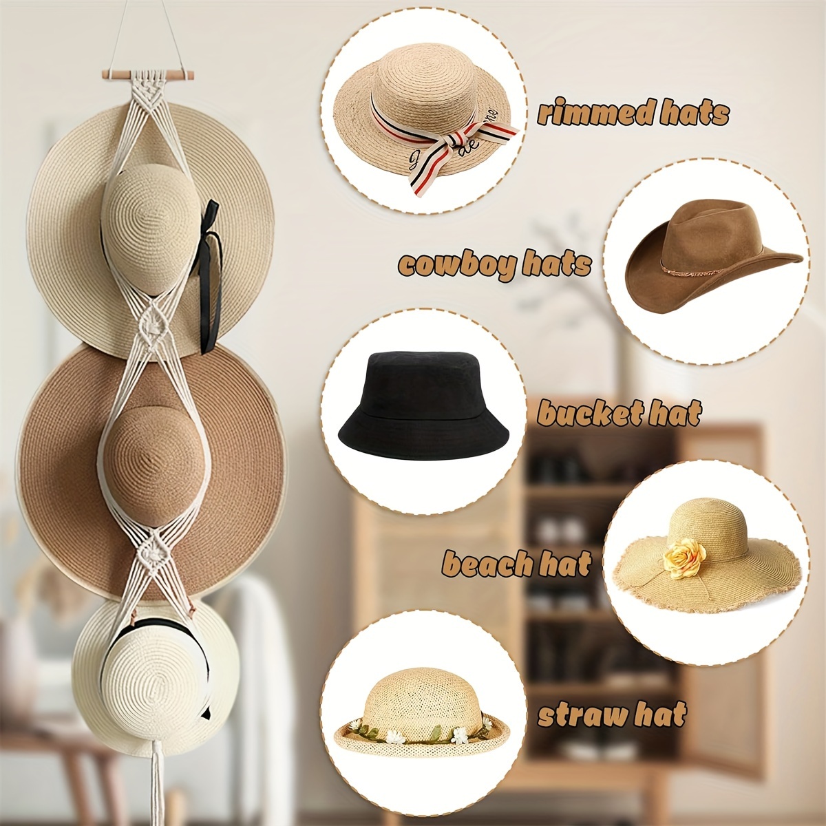 Macrame Hat Hangers Boho Hat Rack Wall Hat Holder Display - Temu