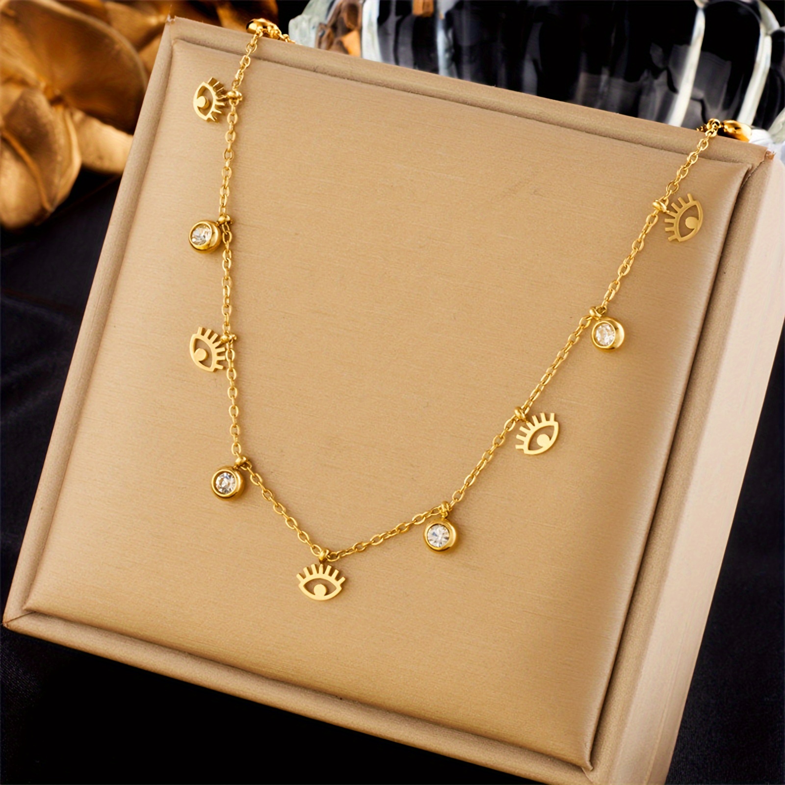 

1pc Golden Stainless Steel Chain Eyes Geometric Tassel Necklace, For Men Women Couples