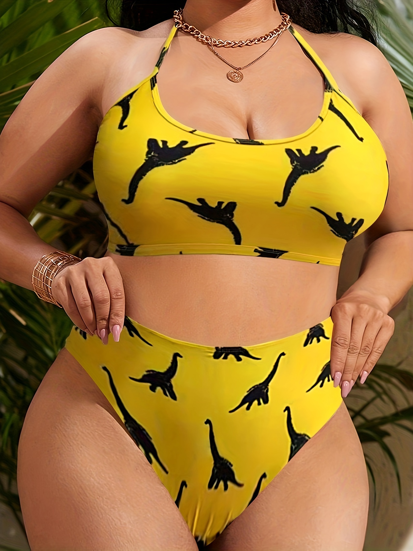 Plus Size Vacay Bikini Set Women's Plus Dinosaur Print Round