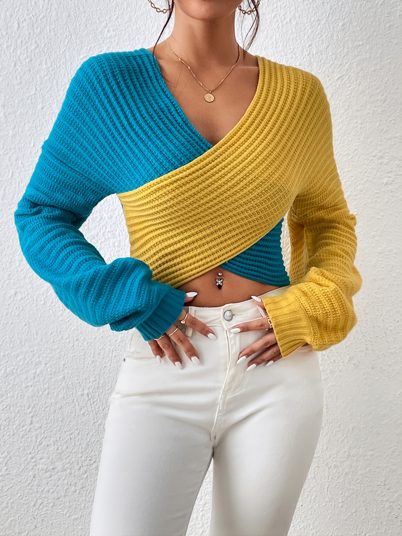 Women Y2K Knitted Crop Tops Color Block Patchwork Sweaters Long