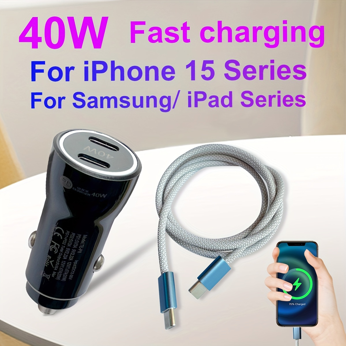 Cargador de coche USB C de 38 W, cargador de coche de carga rápida tipo C,  adaptador de encendedor de cigarrillos QC+PD para iPhone 14, Samsung S23