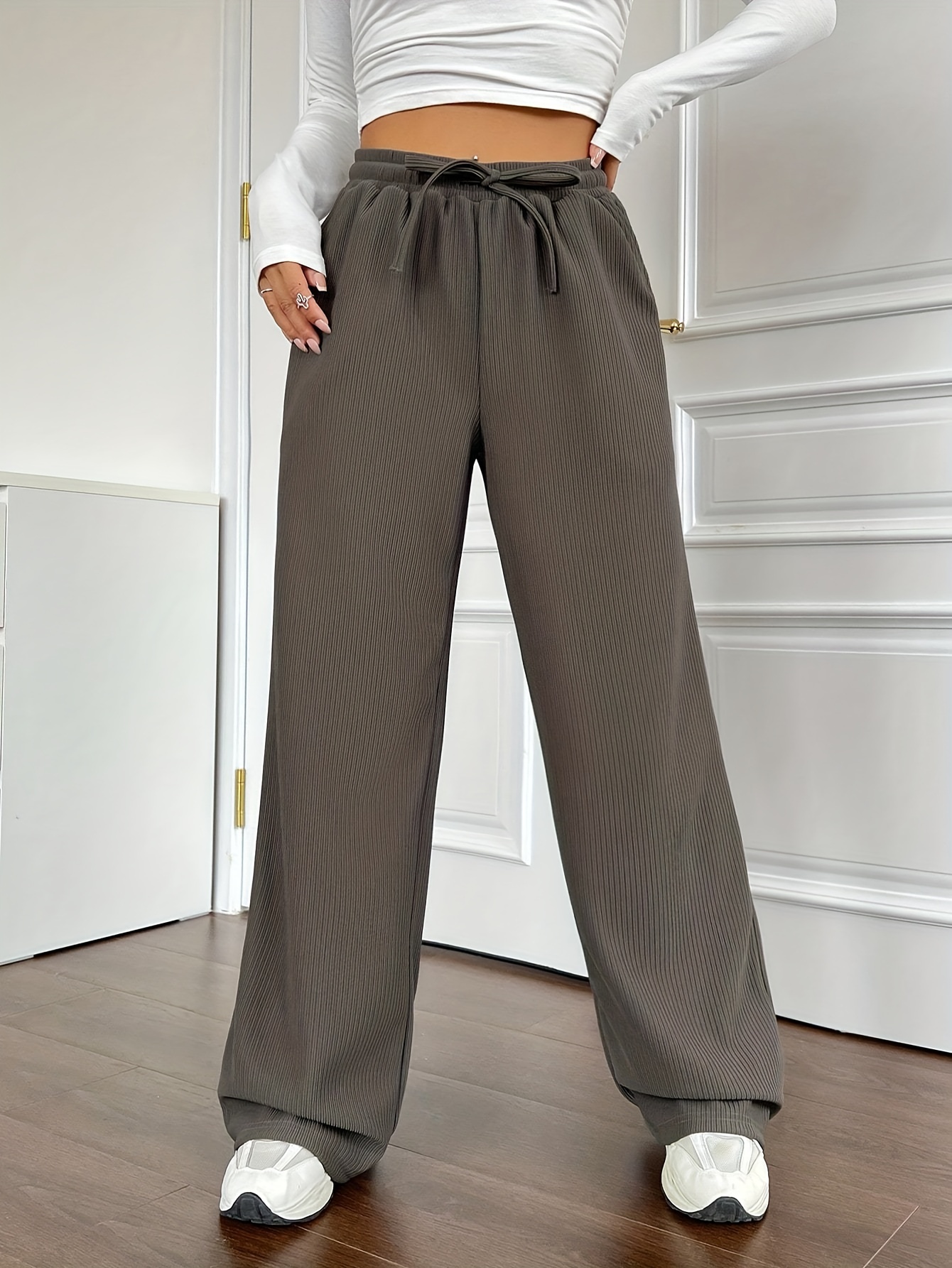 Womens Cotton Linen Casual Pants Straight Leg Drawstring Trousers Elastic  High Waist Loose Comfy Palazzo Pants with Pockets : : Clothing