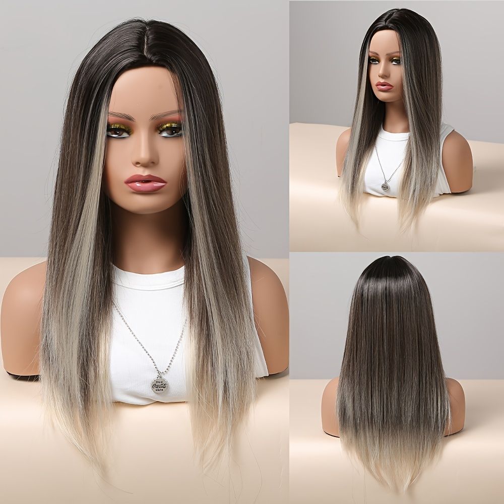 Yeahhome Long Straight Black And White Wig Hair For Women Lady Girl Middle  Part With Bangs