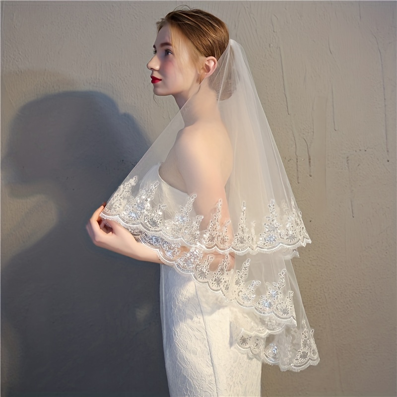 Lace Edge Bridal Wedding Veil White Short Simple Veil with Comb, Hair Brush Wedding Accessories,Temu