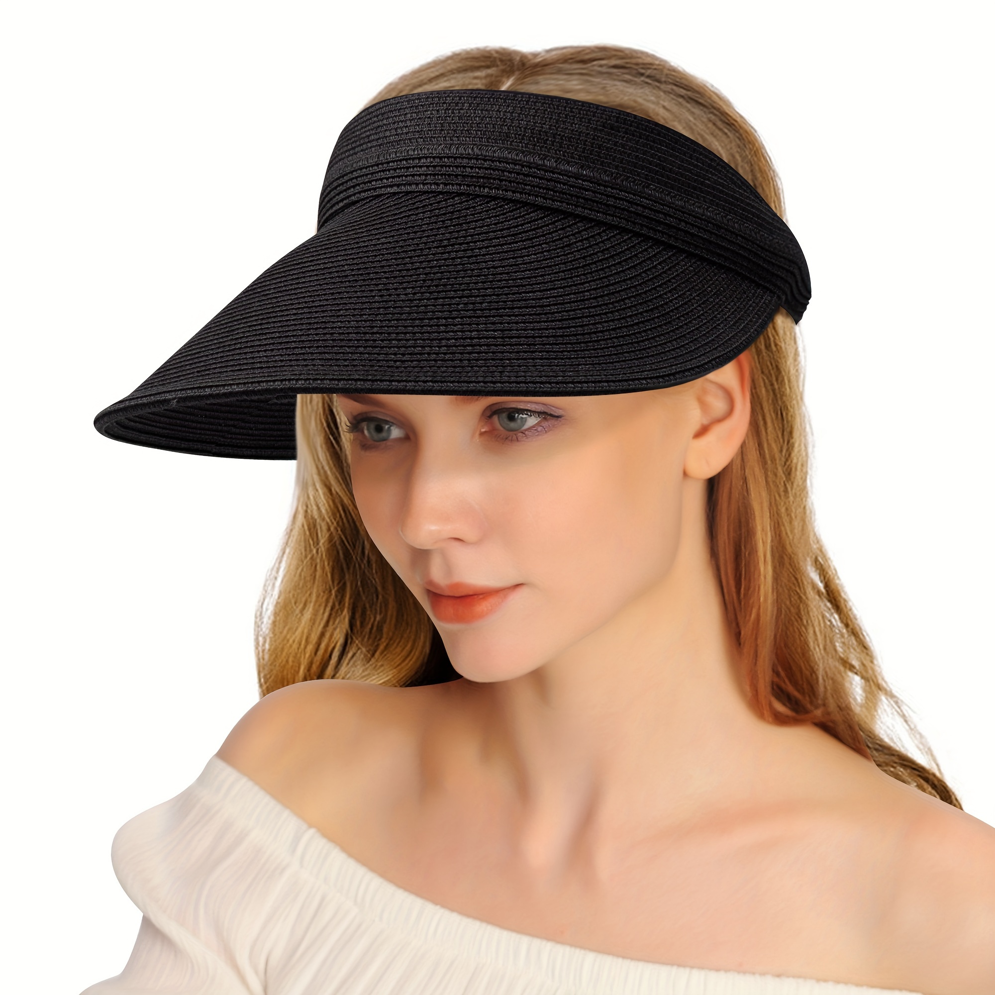 Foldable Straw Sun Visor Hat for Women, Large Wide Brim Roll Up Ponytail Beach Sun Open Top Hats for Travel,Temu