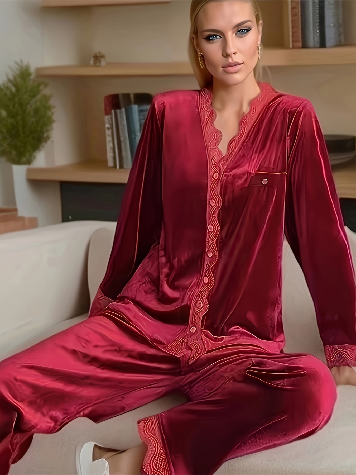 Contrast Lace Pajama Set Long Sleeve V Neck Top Elastic - Temu
