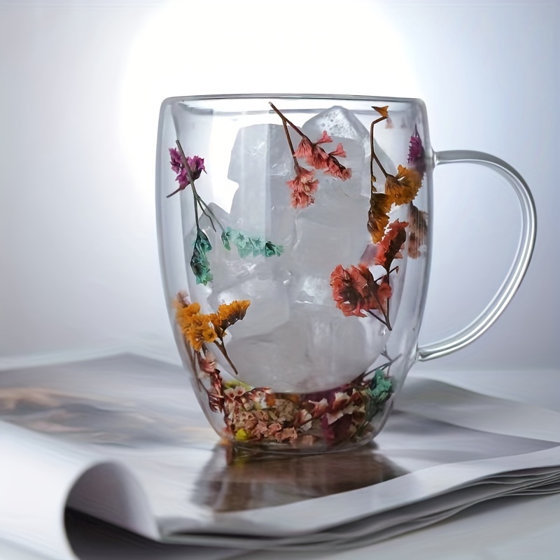

1pc, Dried Flower Inside Glass Coffee Mug, Double-walled Espresso Coffee Cups, Heat Insulated Water Cups, Summer Winter Drinkware, Birthday Gifts