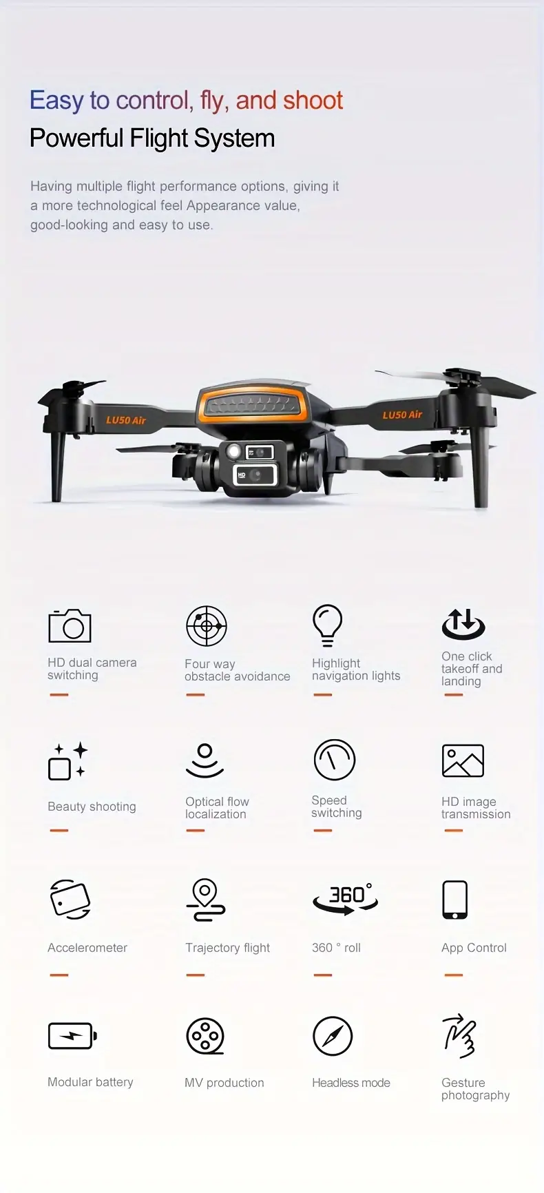 lu50 drone equipped with esc high definition hd electronic governor dual camera four sided obstacle avoidance cool lighting one key takeoff landing 360 rolling stunt details 4