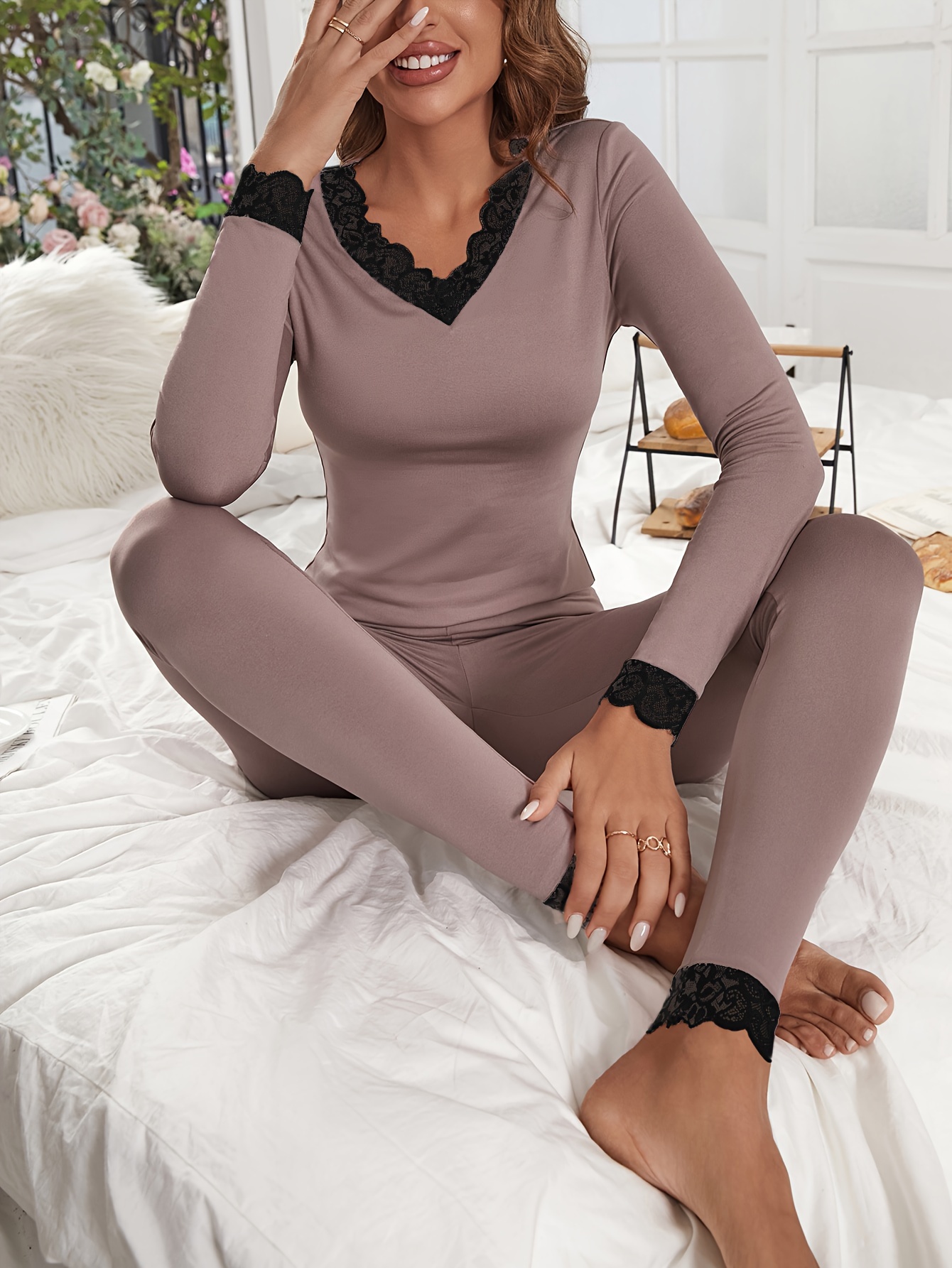 Contrast Lace Thermal Underwear Set Long Sleeve V Neck Tops - Temu