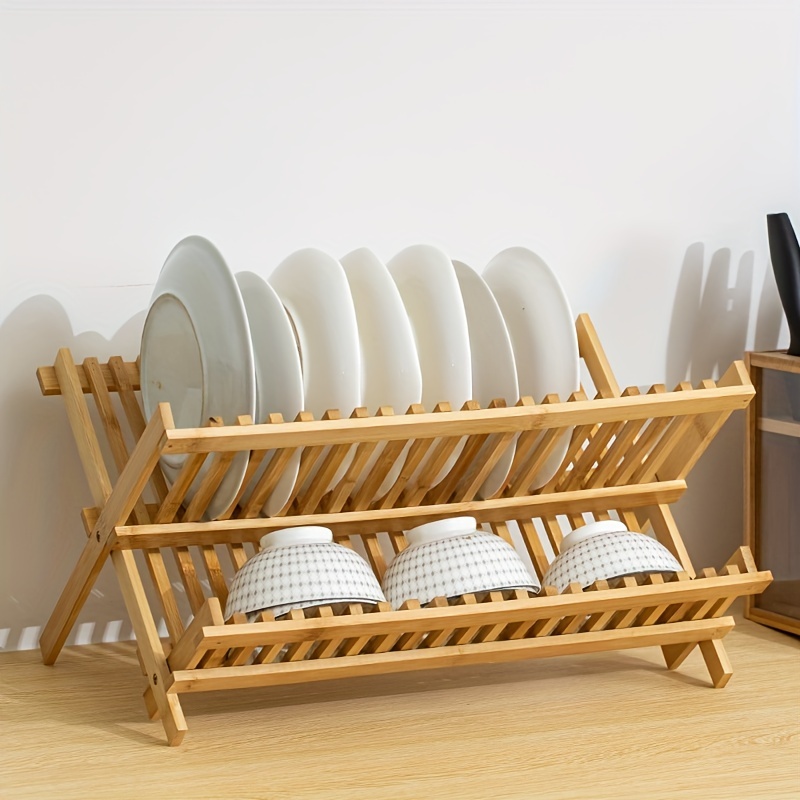 Bamboo Wooden Plate Rack Kitchen Storage Organizer For - Temu
