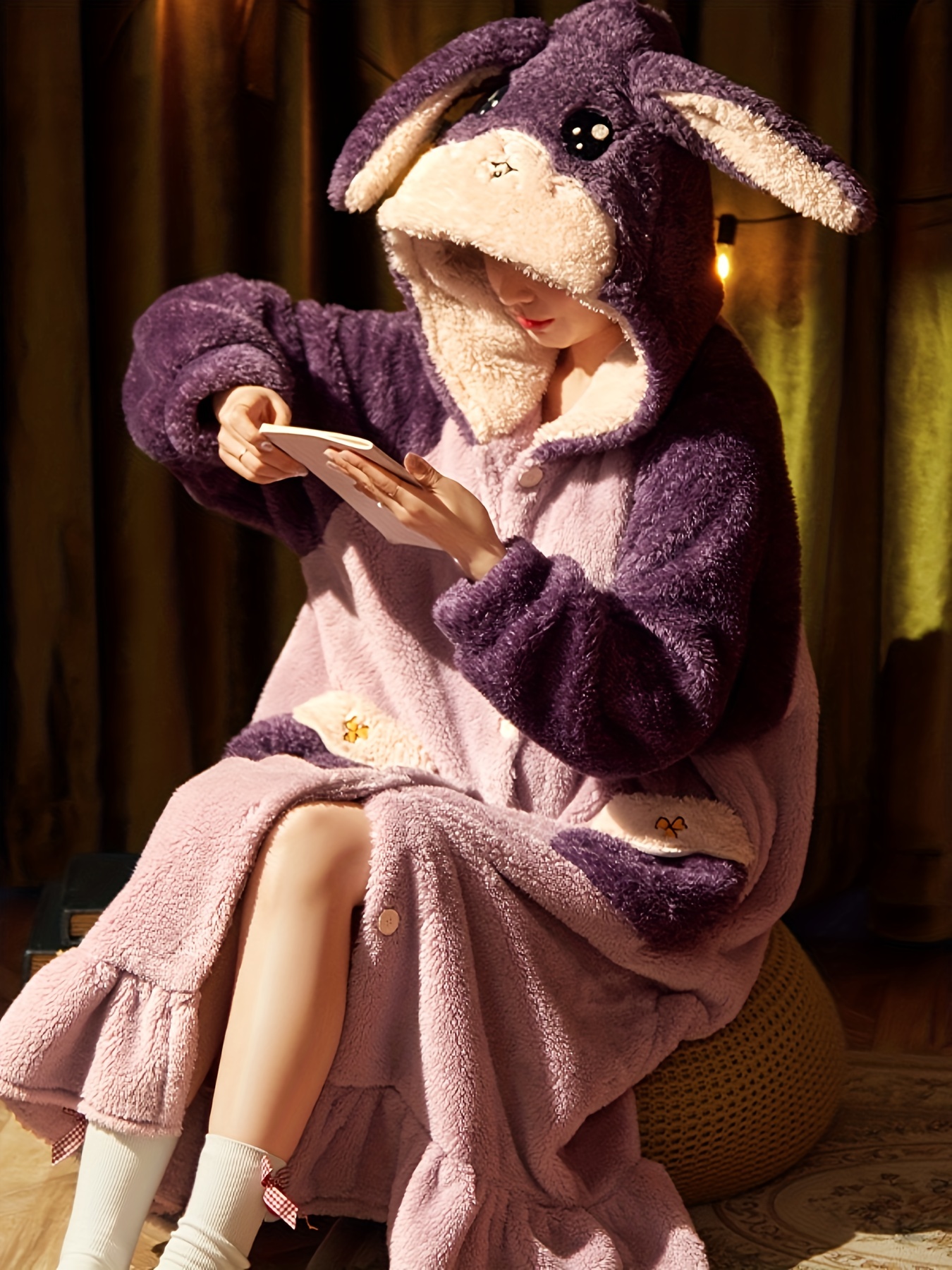 Cartoon Bunny Hooded Fuzzy Robe, Long Sleeve Buttons Ruffle Robe With  Pockets, Women's Sleepwear