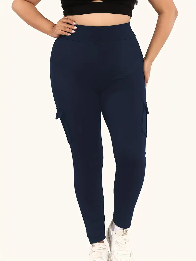 plus size sports leggings womens plus solid high rise skinny fitness leggings with flap pockets details 0