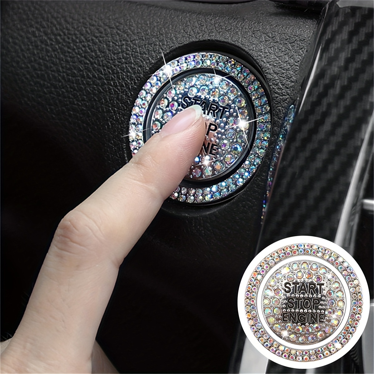 

2-pack Bling Car Engine Start Stop Button Cover, Aluminum Alloy Rhinestone Ignition Ring Decal, Universal Vehicle Push Start Button Protective Cap Accessory