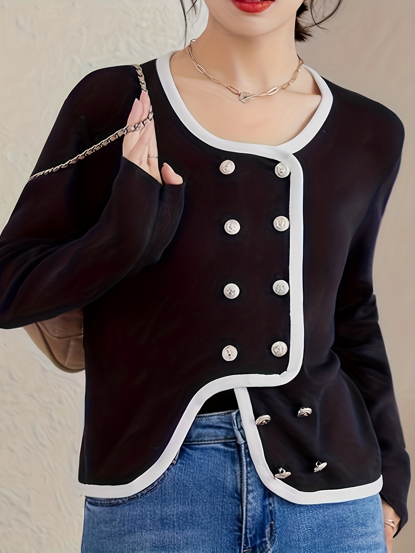 Solid Double Breasted Knit Cardigan Elegant Long Sleeve - Temu