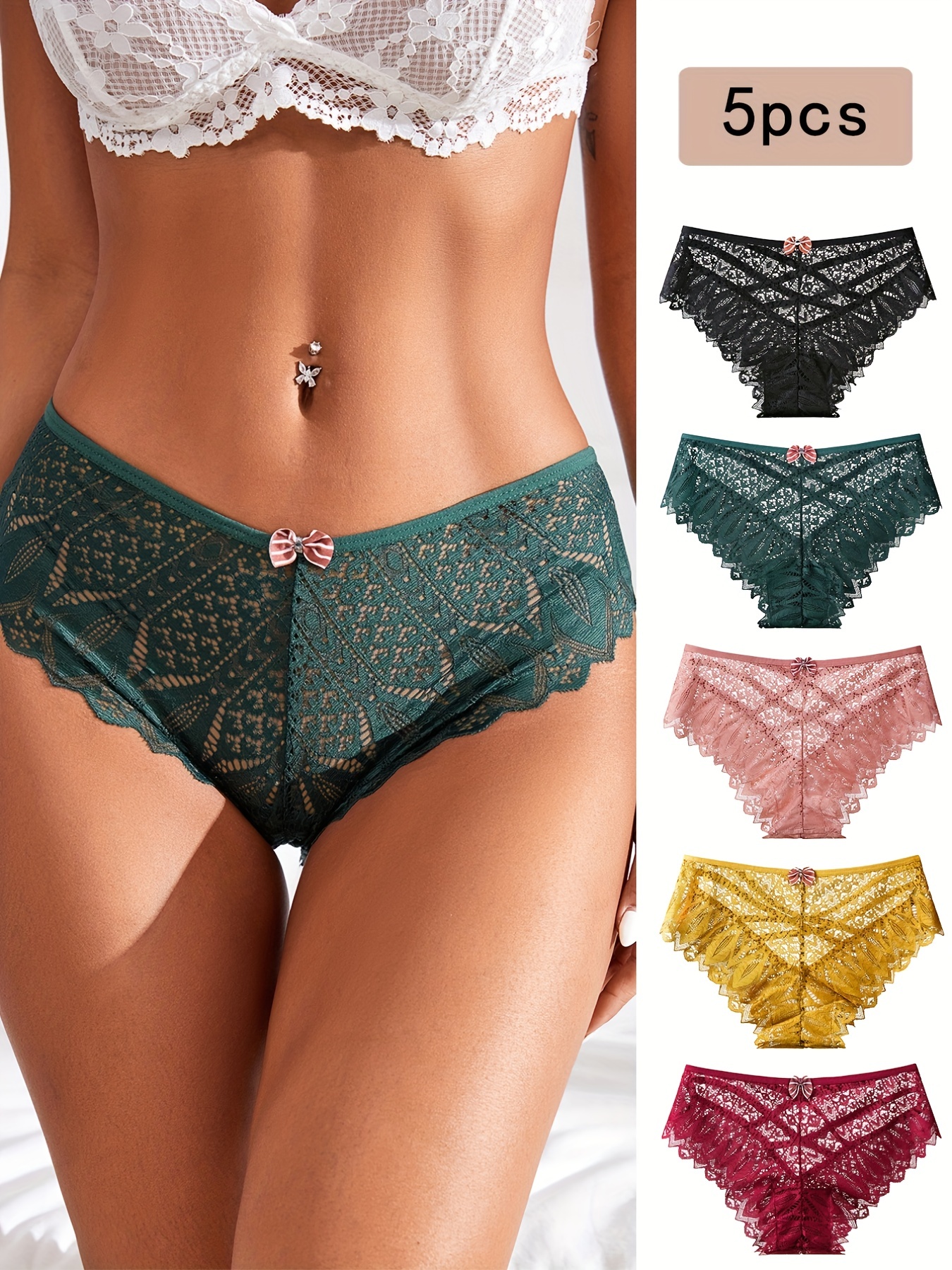 Bow Tie Lace Briefs Comfy Breathable Low Waist Panties - Temu Canada