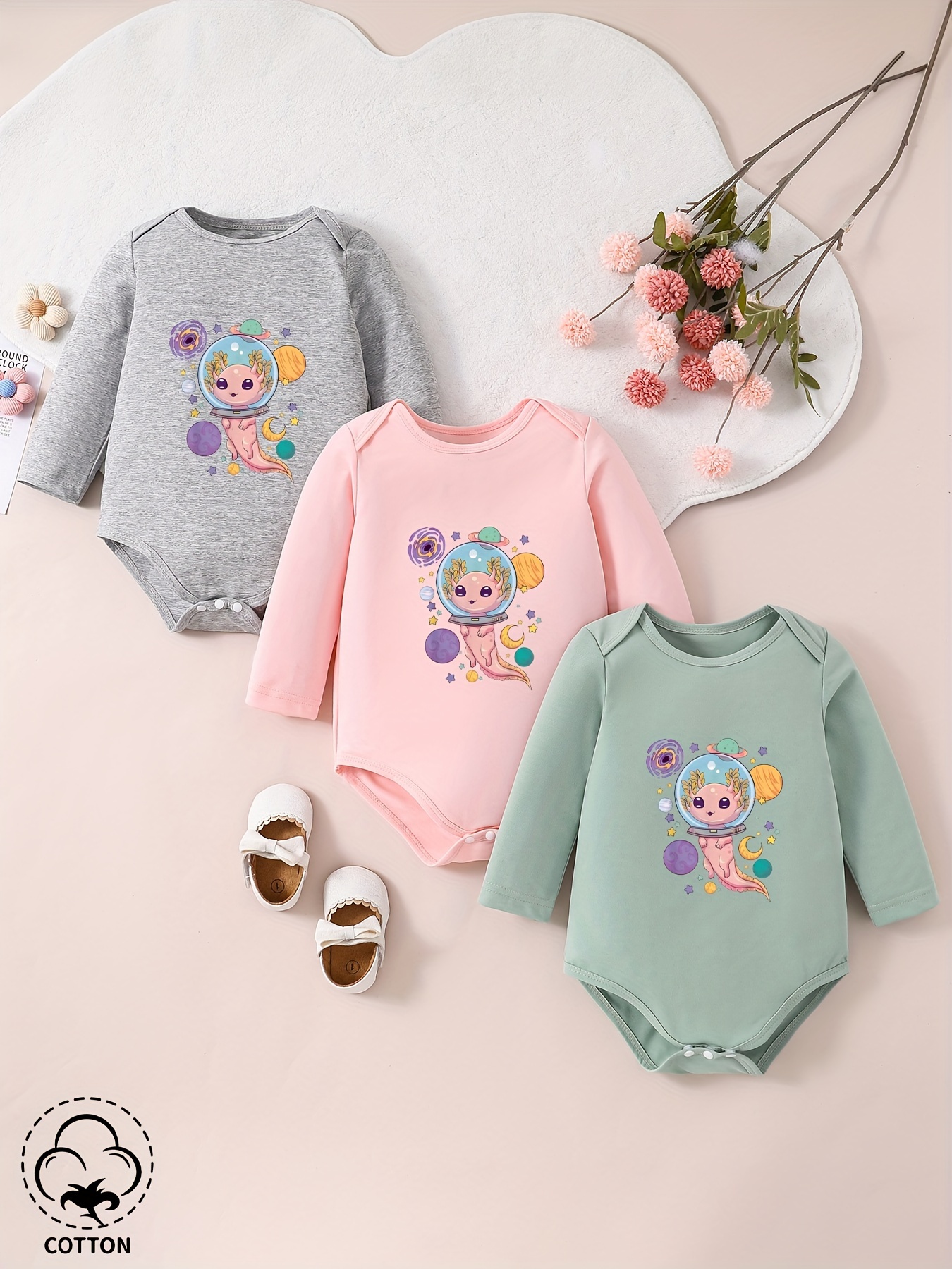 3pcs Baby Girl 95% Cotton Long-sleeve Letter & Giraffe Print Romper and Bow Front Pants with Headband Set