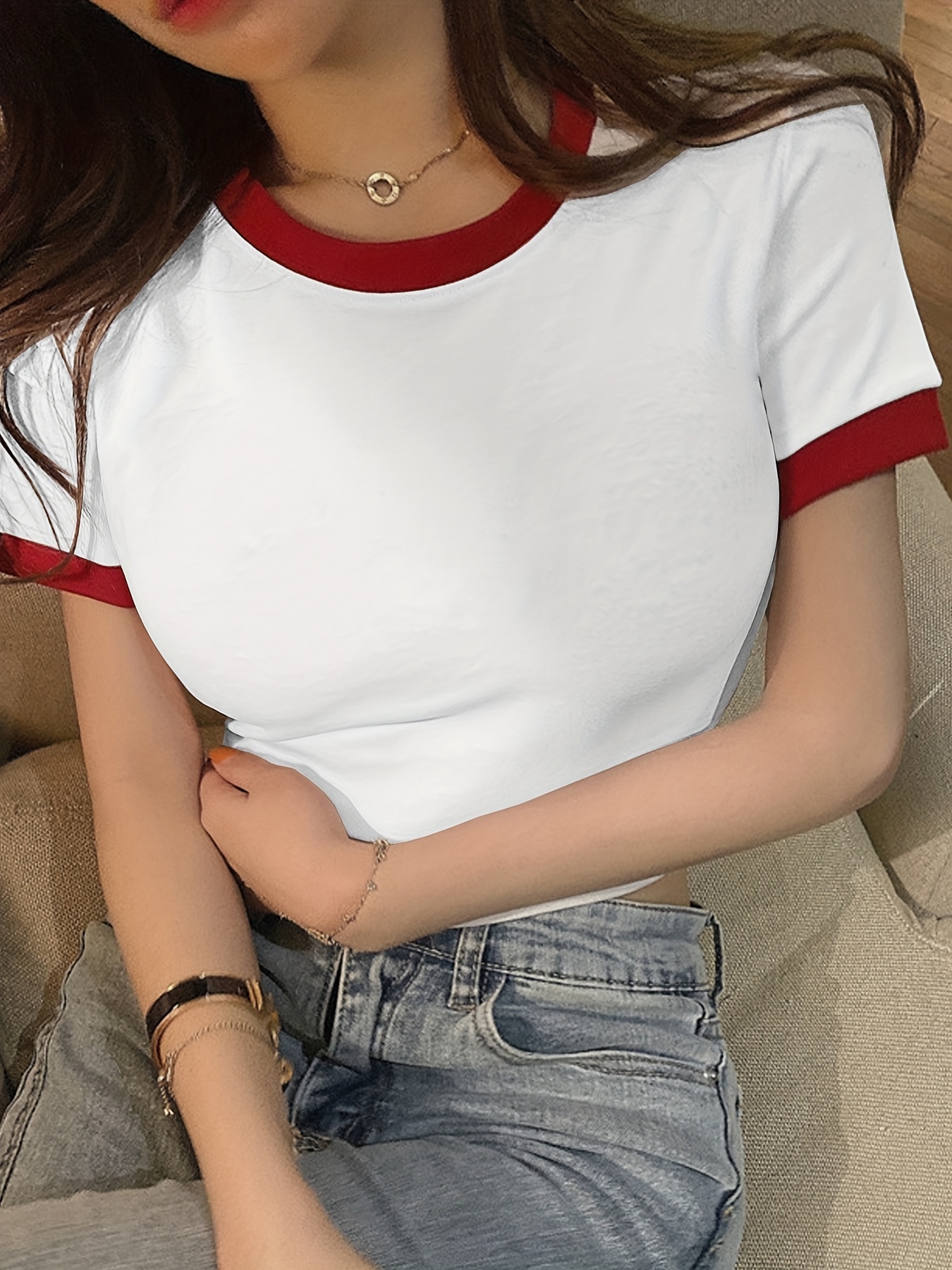 Cute Crop Tee Short Sleeve Casual Top Summer Spring Women's - Temu