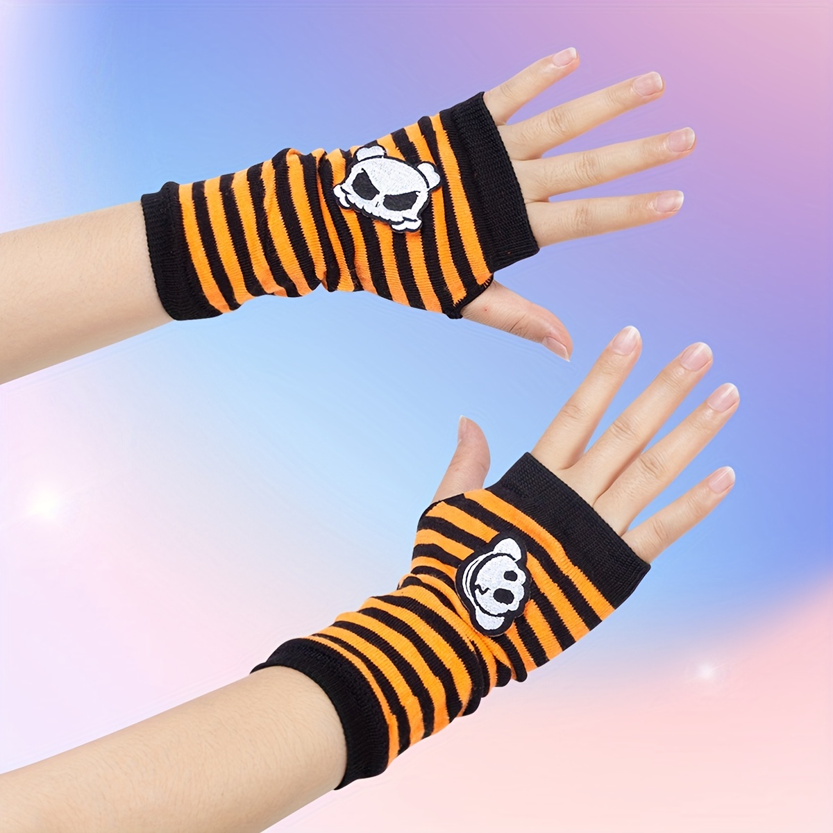 Cute Skull Head Embroidered Gloves Short Fashion Y2k Striped